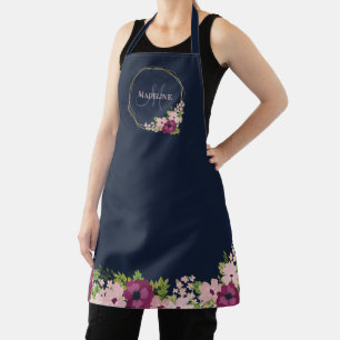 Navy Blue Blush Pink Floral Geometric Monogram Apron