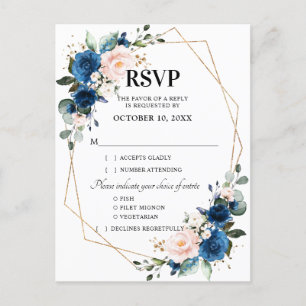Navy Blue Blush Pink Floral Geometric RSVP Postcard