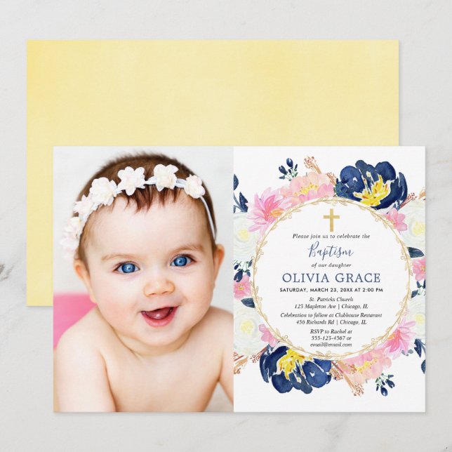 Navy blue blush pink floral girl baptism photo invitation (Front/Back)