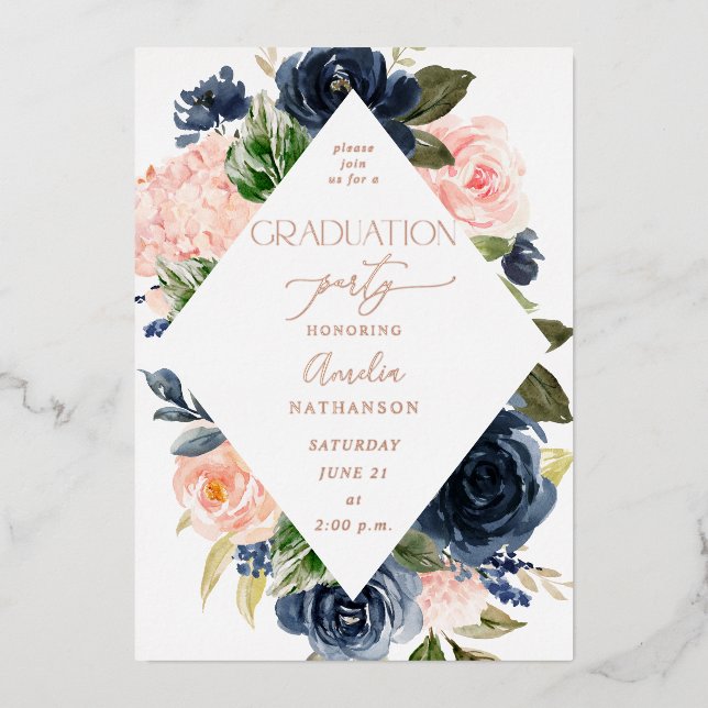 Navy Blue & Blush Pink Floral Graduation Party (Front)
