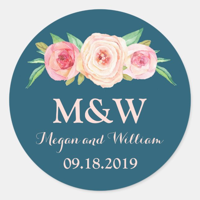 Navy Blue Blush Pink Floral Monogram Wedding Classic Round Sticker (Front)