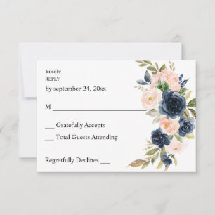 Navy Blue & Blush Pink Floral no Meal RSVP Card