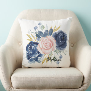 Navy blue blush pink floral personalize cushion