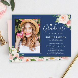 Navy Blue Blush Pink Floral Photo Graduation Invitation
