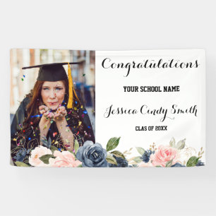 Navy Blue Blush Pink Floral Photo Graduation Party Banner
