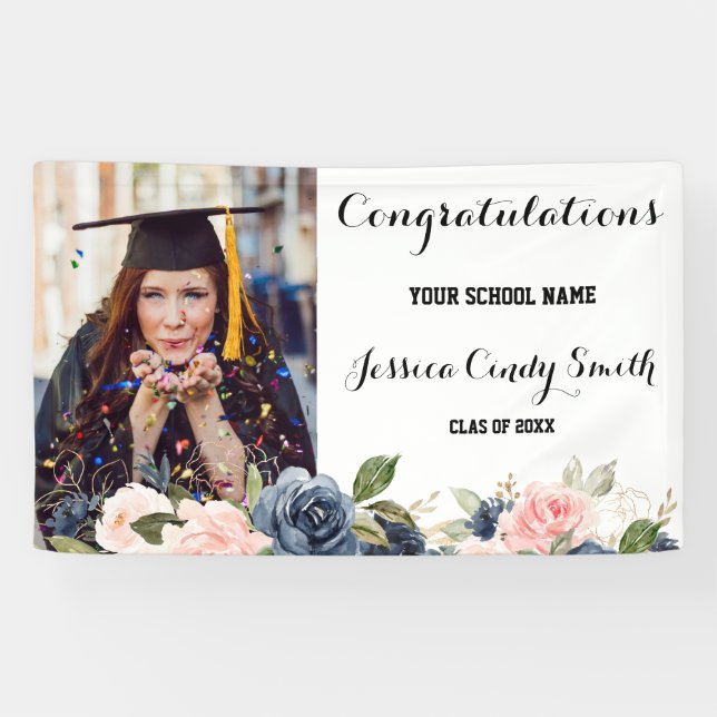Navy Blue Blush Pink Floral Photo Graduation Party Banner (Horizontal)