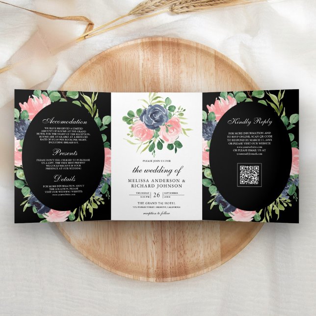 Navy Blue Blush Pink Floral QR Code Black Wedding Tri-Fold Invitation (Creator Uploaded)