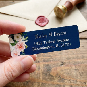 Navy Blue Blush Pink Floral Return Address