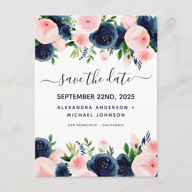 Navy Blue Blush Pink Floral Save the Date Announcement Postcard (Front)
