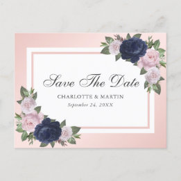 Navy Blue Blush Pink Floral Save The Date Announcement Postcard
