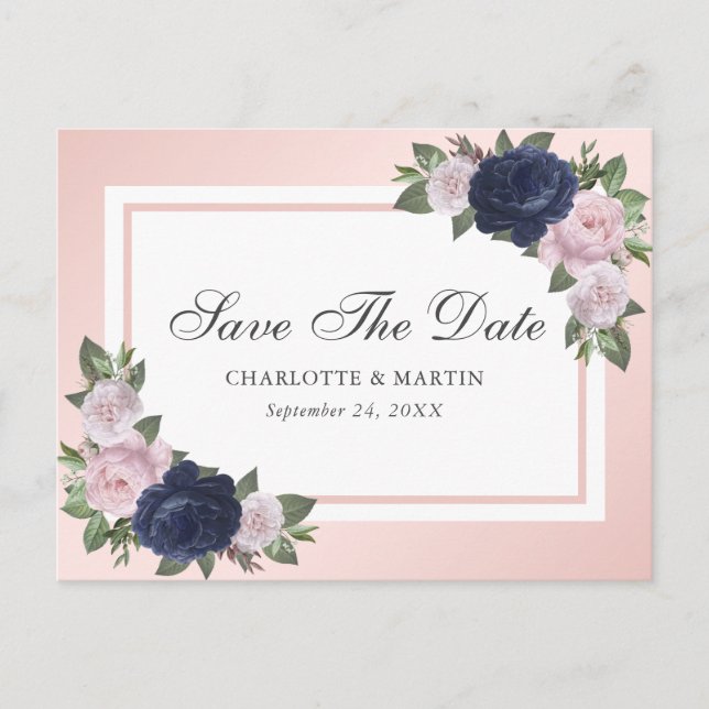 Navy Blue Blush Pink Floral Save The Date Announcement Postcard (Front)
