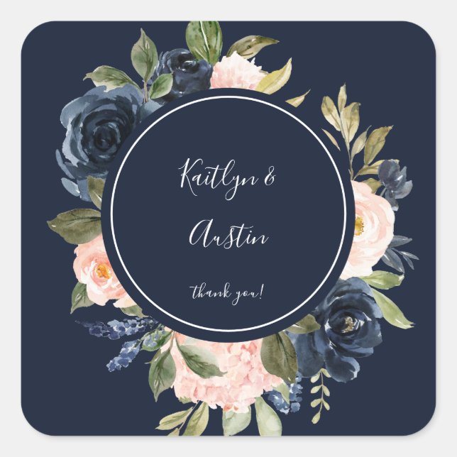 Navy Blue & Blush Pink Floral Thank You - Navy Square Sticker (Front)