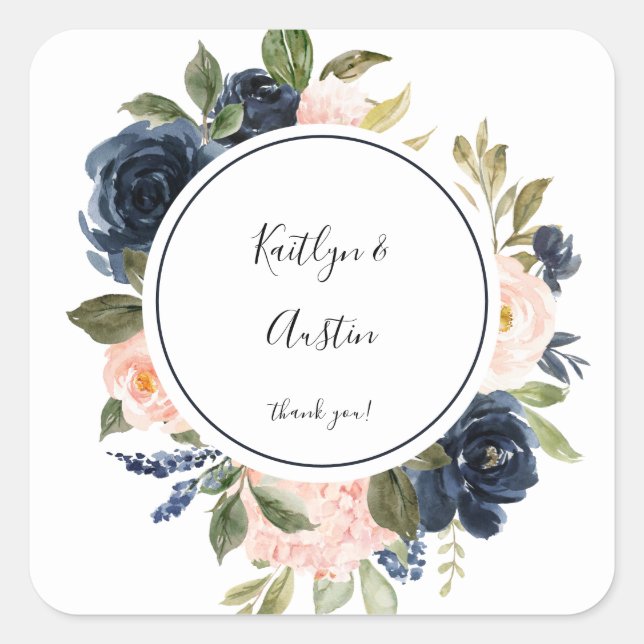 Navy Blue & Blush Pink Floral Thank You Square Sticker (Front)