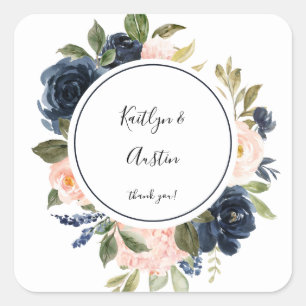Navy Blue & Blush Pink Floral Thank You Square Sticker