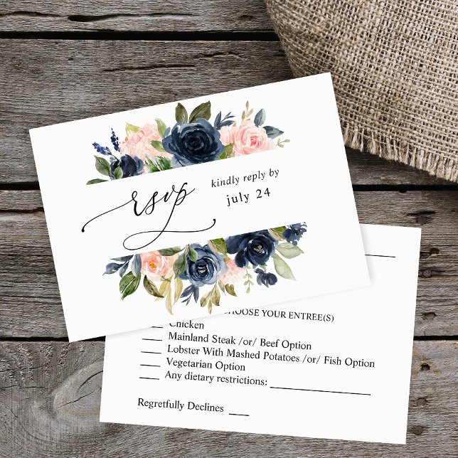 Navy Blue & Blush Pink Floral w Meal RSVP Card (Creator Uploaded)