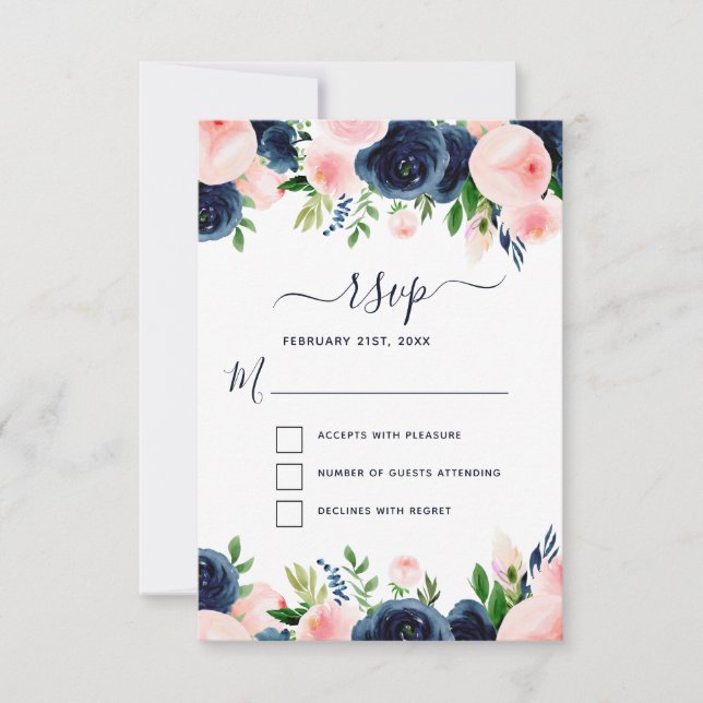 Navy Blue Blush Pink Floral Watercolor RSVP Invitation (Front)
