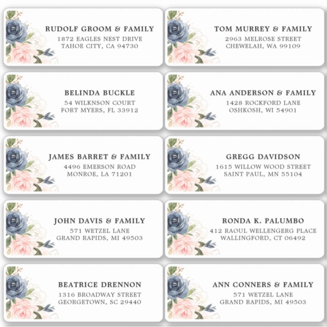 Navy Blue Blush Pink Floral Wedding Guest Address (Front)