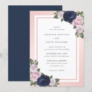 Navy Blue Blush Pink Floral Wedding Invitation