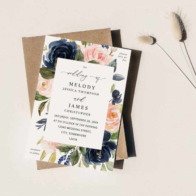 Navy Blue & Blush Pink Floral Wedding Invitation (Creator Uploaded)