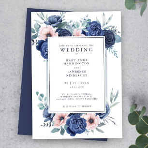 Navy Blue Blush Pink Floral Wedding Invitation