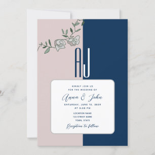 Navy Blue Blush Pink Floral Wedding Invitation
