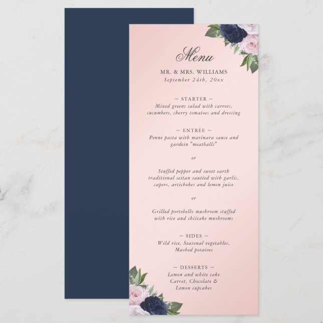 Navy Blue Blush Pink Floral Wedding Menu (Front/Back)
