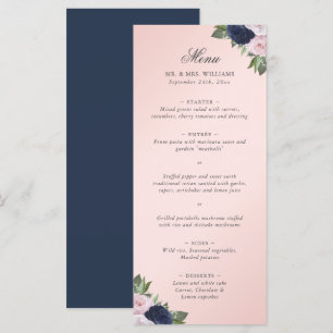 Navy Blue Blush Pink Floral Wedding Menu