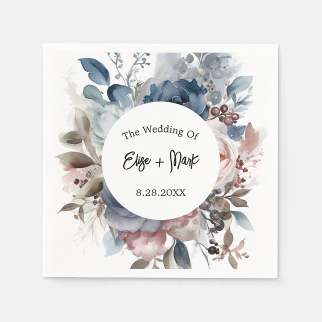 Navy Blue Blush Pink Floral Wedding Napkin (Front)