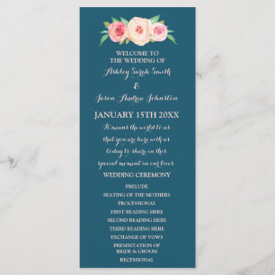 Navy Blue Blush Pink Floral Wedding Program Programme