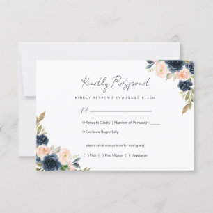 Navy Blue & Blush Pink Floral Wedding RSVP Card