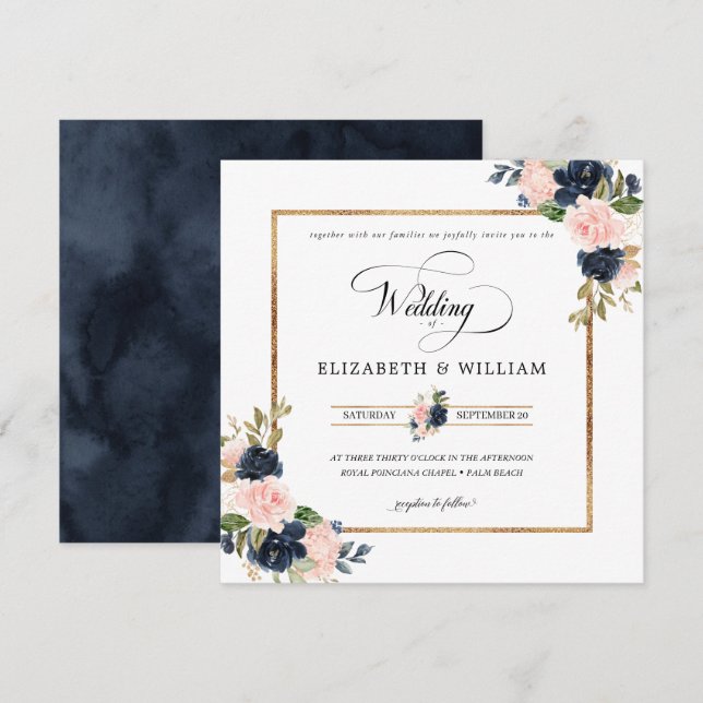 Navy Blue & Blush Pink Floral Wedding Square Invitation (Front/Back)