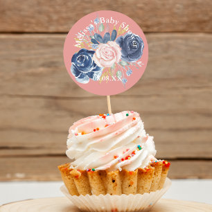 Navy blue blush pink florals cupcake toppers classic round sticker