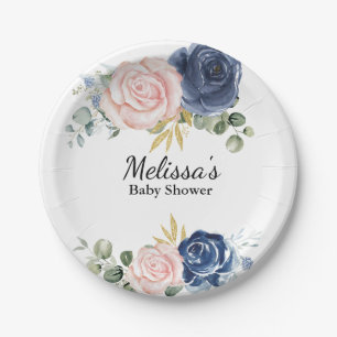 Navy blue blush pink florals dessert  paper plate