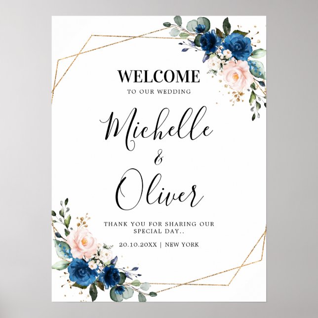 Navy Blue Blush Pink Florals Wedding Welcome Poster (Front)