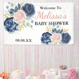Navy Blue Blush Pink Florals Welcome Backdrop Banner