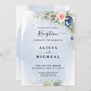 Navy Blue & Blush Pink Flower Wedding Reception Invitation