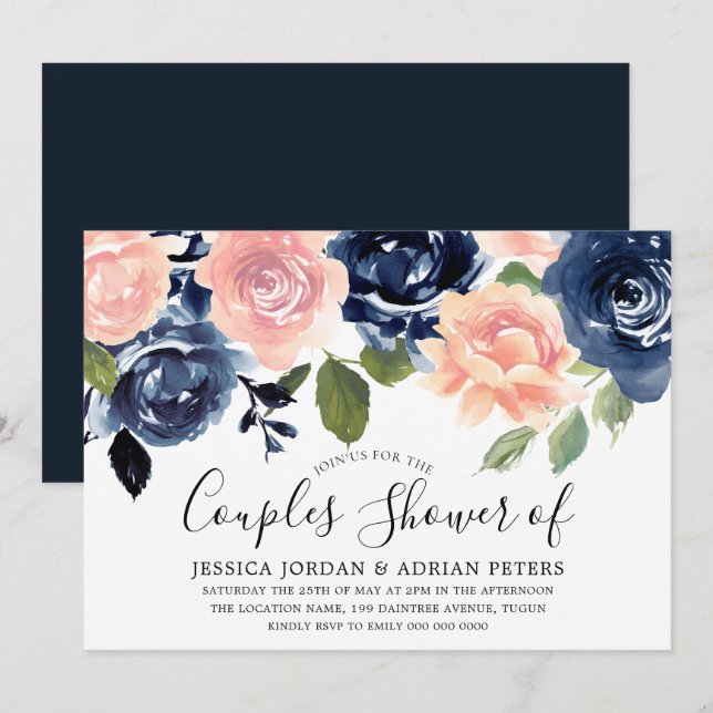 Navy Blue Blush Pink Flowers Couples Shower Invitation (Front/Back)