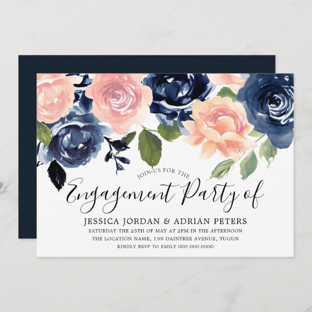 Navy Blue Blush Pink Flowers Engagement Party Invitation (Front/Back)
