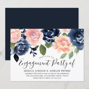Navy Blue Blush Pink Flowers Engagement Party Invitation