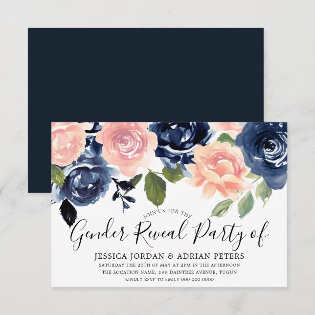 Navy Blue Blush Pink Flowers Gender Reveal Party Invitation (Front/Back)