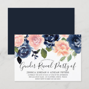 Navy Blue Blush Pink Flowers Gender Reveal Party Invitation