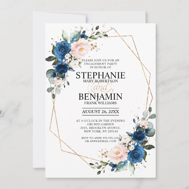 Navy Blue Blush Pink Geometric Engagement Party Invitation (Front)