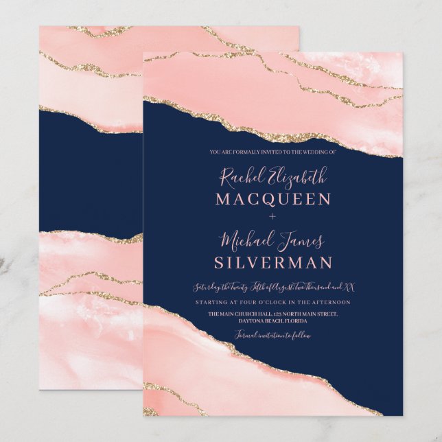 Navy Blue Blush Pink Gold Agate Marble Wedding Invitation (Front/Back)