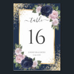 Navy Blue Blush Pink Gold Confetti Floral Wedding Table Number<br><div class="desc">Elegant navy blue and blush floral wedding table number. Matching items available.</div>