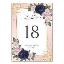 Navy Blue Blush Pink Gold Confetti Floral Wedding Table Number