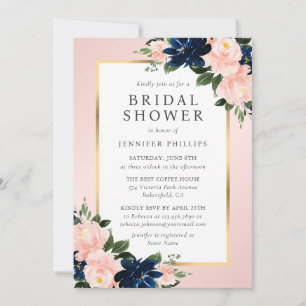 Navy Blue Blush Pink Gold Floral Bridal Shower Invitation