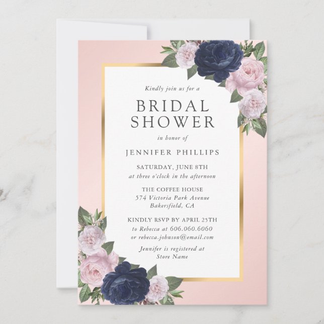 Navy Blue Blush Pink Gold Floral Bridal Shower Invitation (Front)