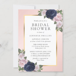 Navy Blue Blush Pink Gold Floral Bridal Shower Invitation