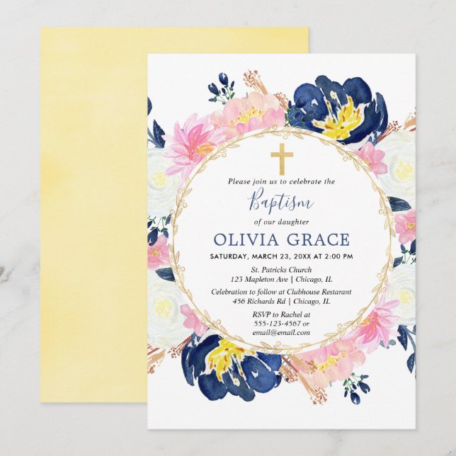 Navy blue blush pink gold floral girl baptism invitation (Front/Back)