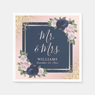 Navy Blue Blush Pink Gold Floral Mr & Mrs Wedding Napkin